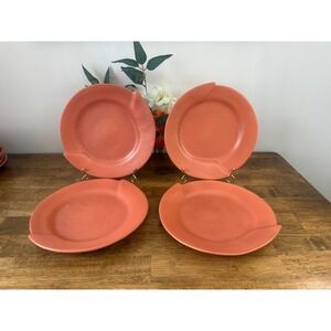 Vintage Cyclamen Terra Cotta Pottery Dinner Plates Coral Pink Modernist Set of 4